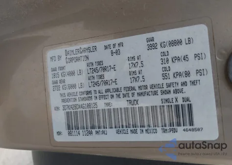 2004 Dodge Ram 2500 St from USA, damaged, VIN 3D7KA28DX4G108125